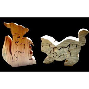 Handcrafted Wooden Animal Puzzle Set - Kangaroo & Cat Design 6-7 Inches Tall Nat
